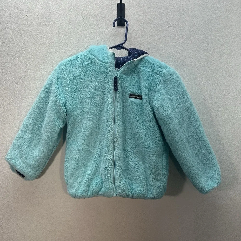 Eddie Bauer SZ 7/8 Reversible Puffer Coat Sherpa plush Hooded Winter Jacket Warm